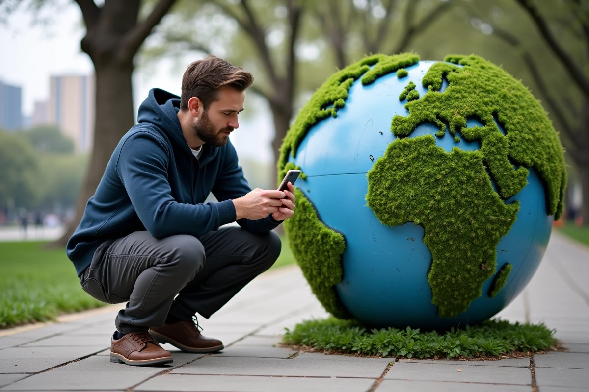 Homme consultant les résultats du quiz Google Journée de la Terre sur son smartphone près d'une installation écologique dans un parc urbain