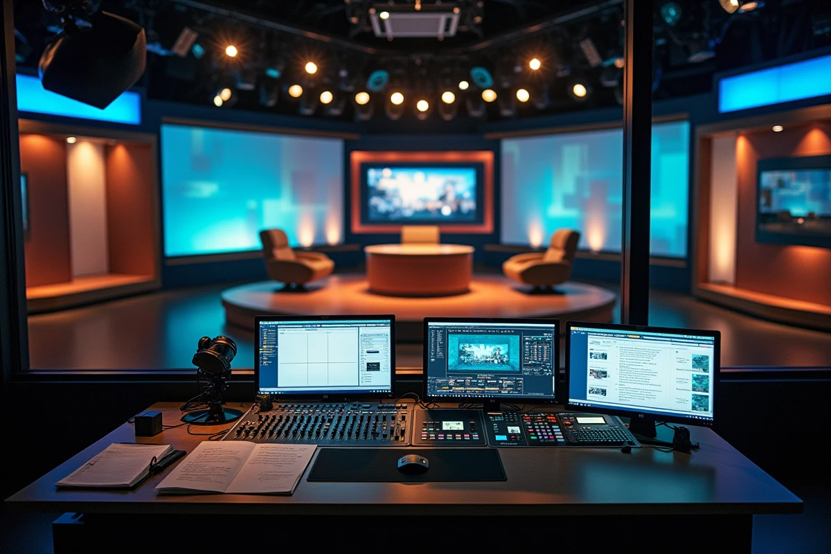 Régie de studio de télévision vide avec écrans de monitoring et plateau de talk-show visible derrière la vitre
