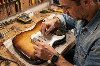 Guitariste réglant les pôles d'un micro Samarium Cobalt Noiseless sur une Stratocaster dans un atelier de luthier