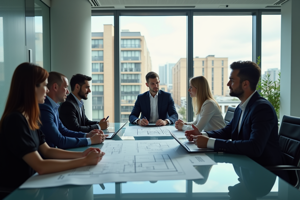 Réunion entre agents immobiliers et clients avec plans et tablettes