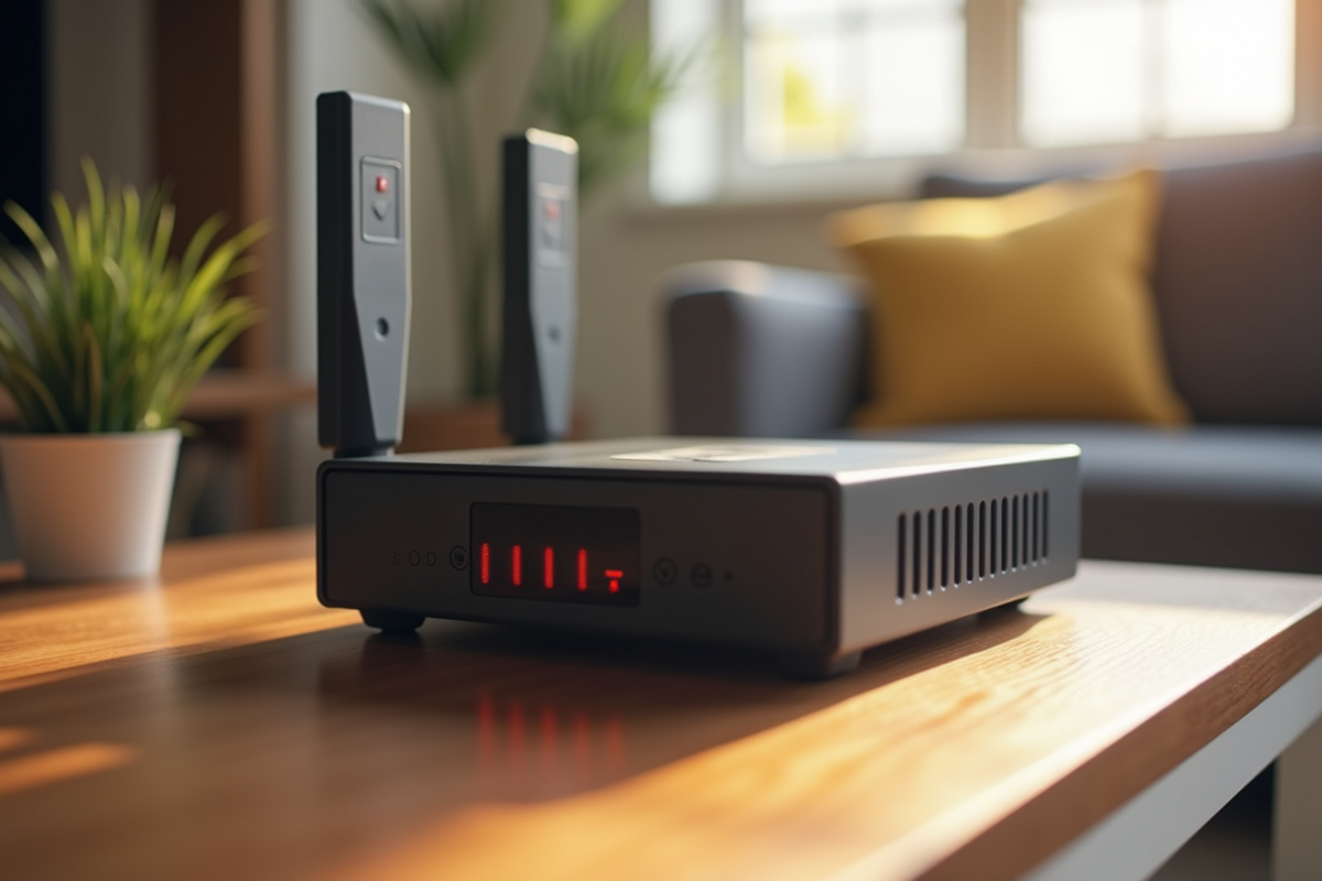 Routeur bbox avec voyant rouge sur une table en bois dans un salon