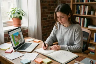 Jeune femme travaillant sur une routine quotidienne avec Magic Ville à son bureau en bois encombré de notes manuscrites et d'un laptop