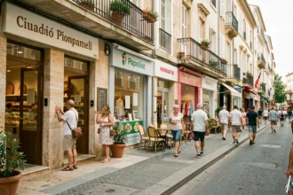 Rue commerçante animée dans un quartier de Montpellier avec boutiques et passants