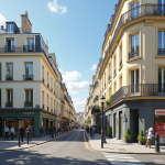 Rue parisienne élégante avec agence immobilière ensoleillée