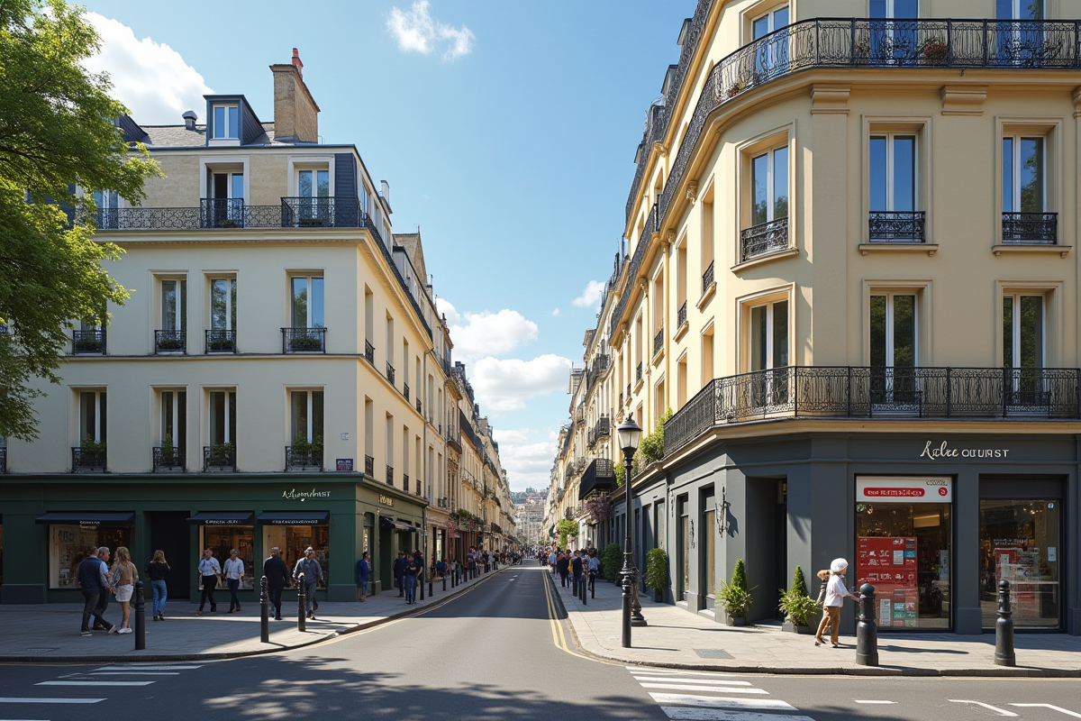 Rue parisienne élégante avec agence immobilière ensoleillée