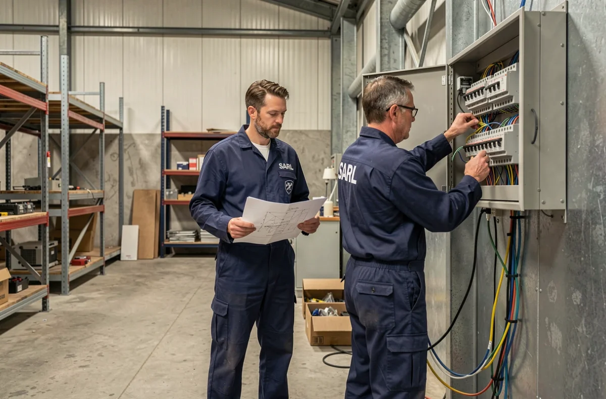 Deux électriciens de la SARL Aubert travaillant sur une installation industrielle dans un atelier du Finistère