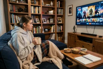 Jeune femme en soirée binge-watching Marvel confortablement installée sur son canapé avec un carnet de visionnage