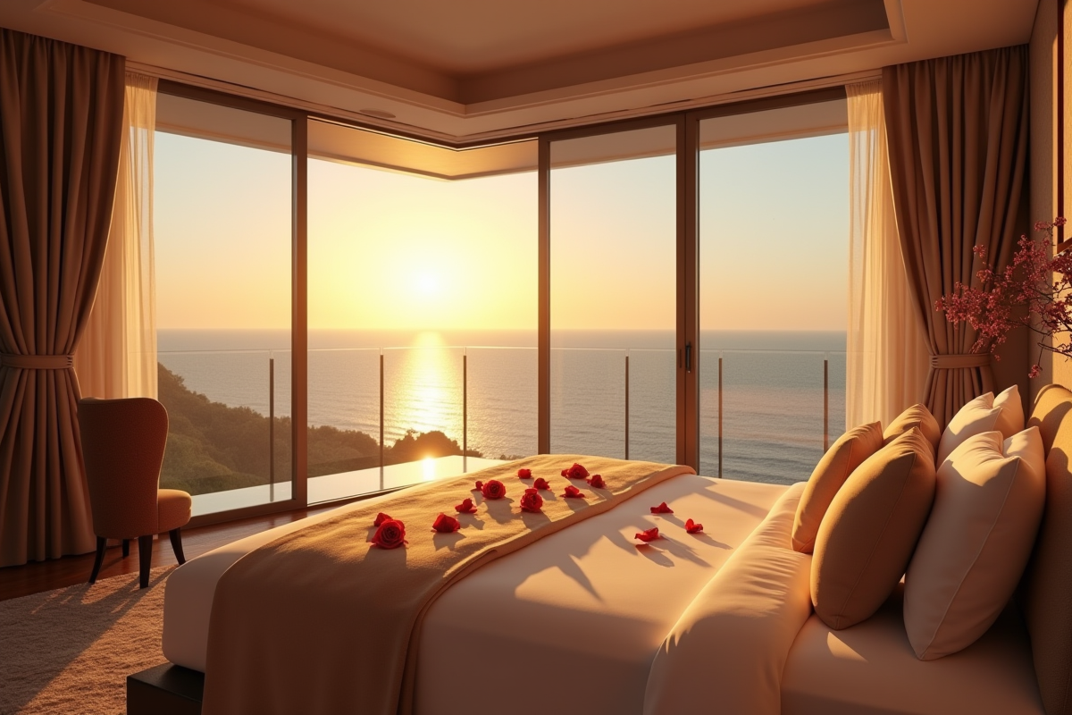 Suite d hotel vue mer avec lit et rose petals