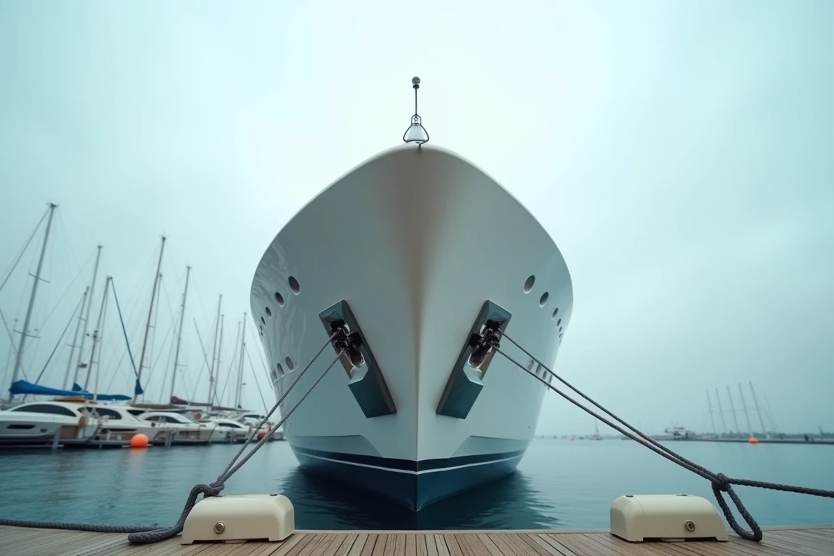 Superyacht de luxe amarré dans une marina vue depuis le quai avec perspective grand angle documentaire