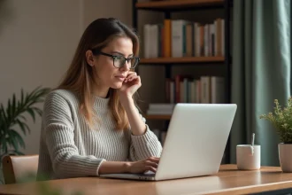 Femme utilisant le support client Vinted sur son ordinateur portable depuis son bureau à domicile