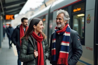 Groupe de supporters prenant le tram à Grenoble pour se rendre à un événement sportif, quai de la station avec affichage des horaires en temps réel