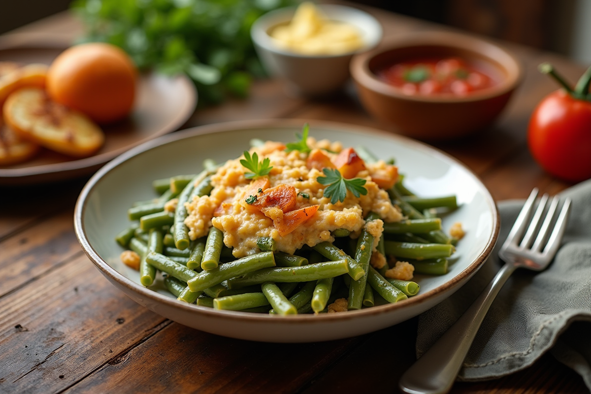 Table rustique avec plat de haricots verts en casserole
