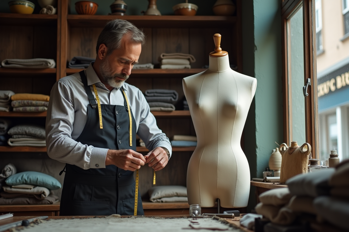 Tailleur mesurant un vêtement dans son atelier créatif