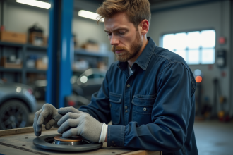 Jeune technicien automobile examinant un disque de frein