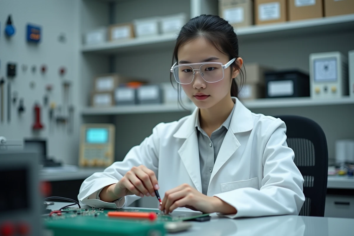 Technicienne en laboratoire d'électronique mesurant une résistance traversante avec un multimètre en mode ohmmètre dans un environnement professionnel