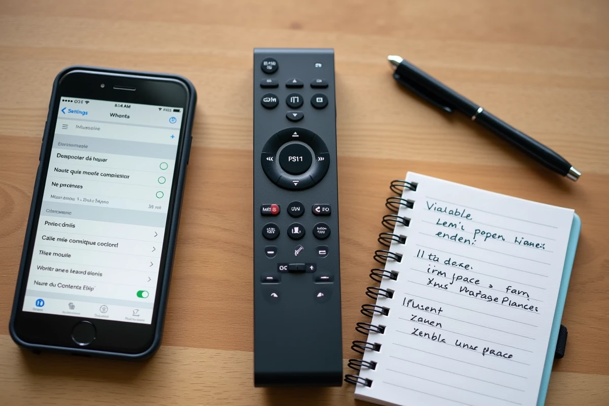 Télécommande Freebox posée sur une table en bois à côté d'un smartphone affichant les paramètres de configuration