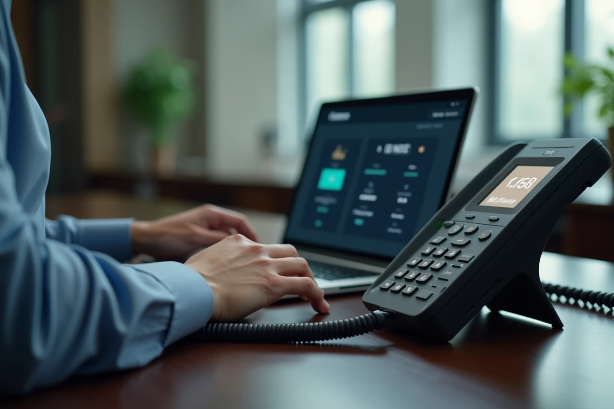 Téléphone IP professionnel affichant un indicatif 05 sur un bureau d'entreprise avec interface de standard virtuel sur ordinateur
