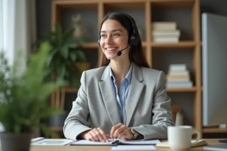 Femme professionnelle en télétravail avec casque téléphonique lors d'un appel sur standard d'entreprise depuis son bureau à domicile