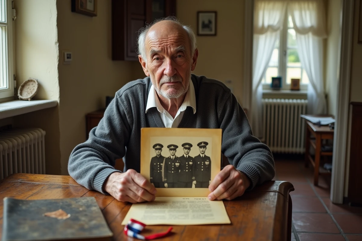 Ancien résistant âgé tenant une photographie historique de la Résistance française à une table de cuisine