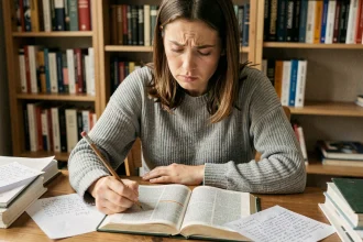 Femme traductrice penchée sur un dictionnaire bilingue avec des notes manuscrites, cherchant la traduction correcte d'une expression française ambiguë