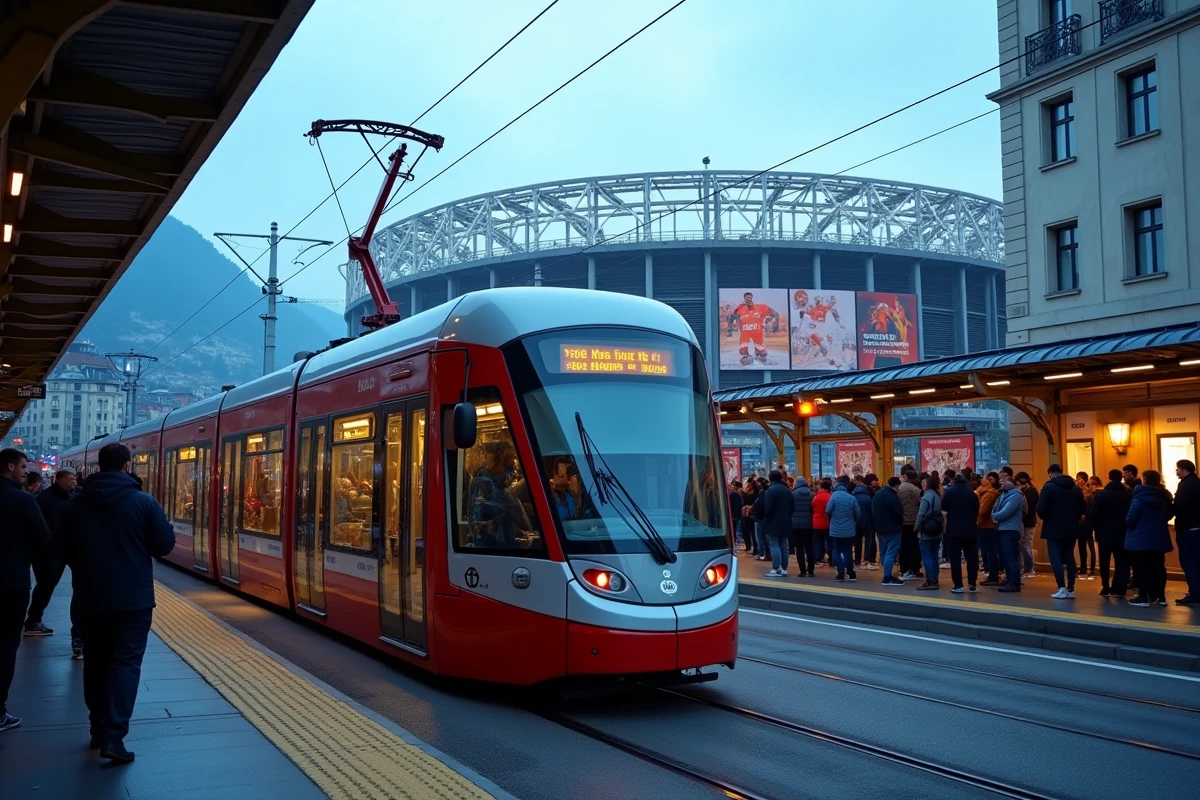 Tram de Grenoble arrivant à la station près d'un stade lors d'un événement sportif, foule de supporters sur le quai en soirée