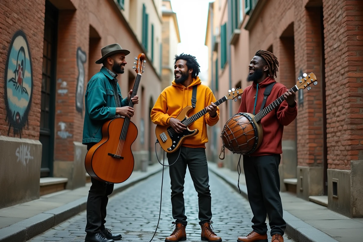 Trio de musiciens reggae français en répétition dans une ruelle pavée, instruments en main, ambiance urbaine et décontractée