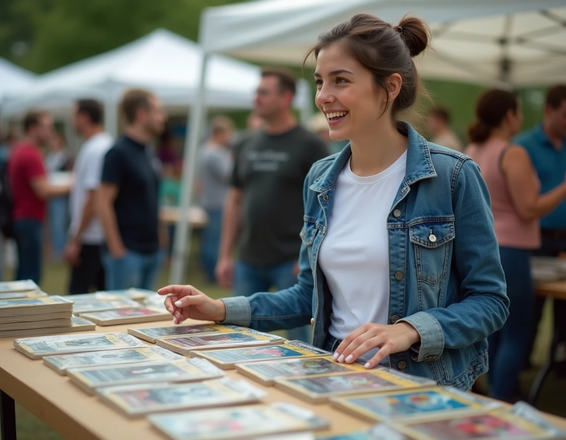 Vendeuse présentant des cartes Pokémon gradées dans des protections rigides PSA sur un stand de marché de cartes à collectionner