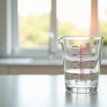 Verre mesureur rempli à 300 ml sur plan de cuisine lumineux