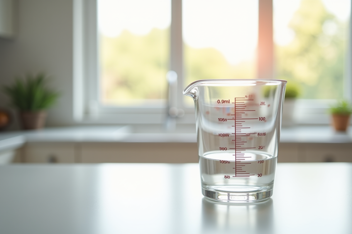 Verre mesureur rempli à 300 ml sur plan de cuisine lumineux