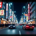 Rue animée de Tokyo la nuit avec néons et voitures modernes