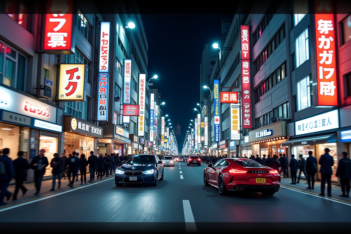 Rue animée de Tokyo la nuit avec néons et voitures modernes