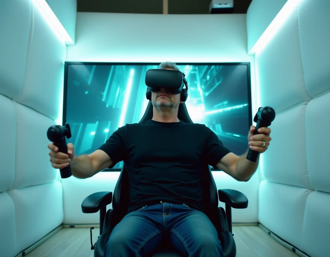 Joueur immergé dans une expérience de réalité virtuelle avec casque VR dans la salle high-tech de Virtual Room Toulon à La Valette-du-Var