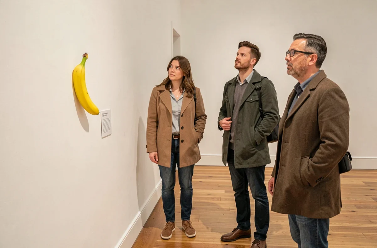 Visiteurs d'un musée observant une banane accrochée au mur, réaction du public face à l'art conceptuel provocateur