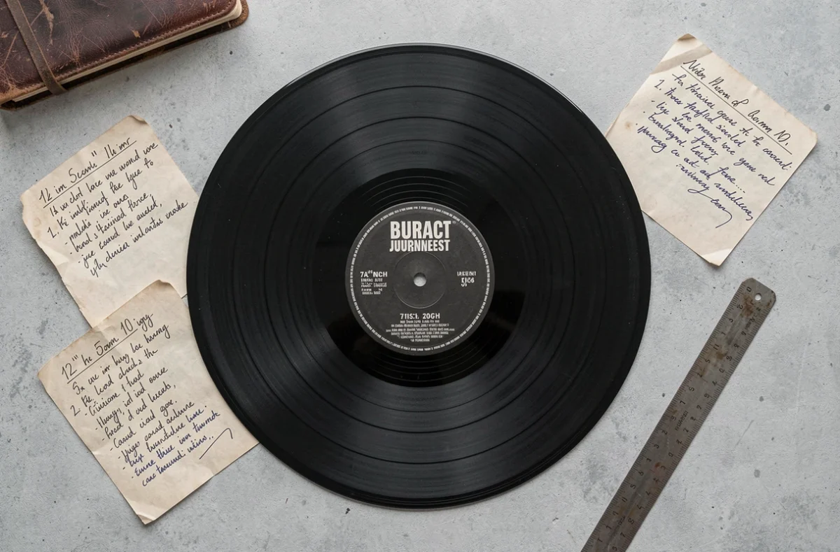 Vue de dessus de trois vinyles de tailles différentes disposés du plus grand au plus petit avec une règle et des notes manuscrites