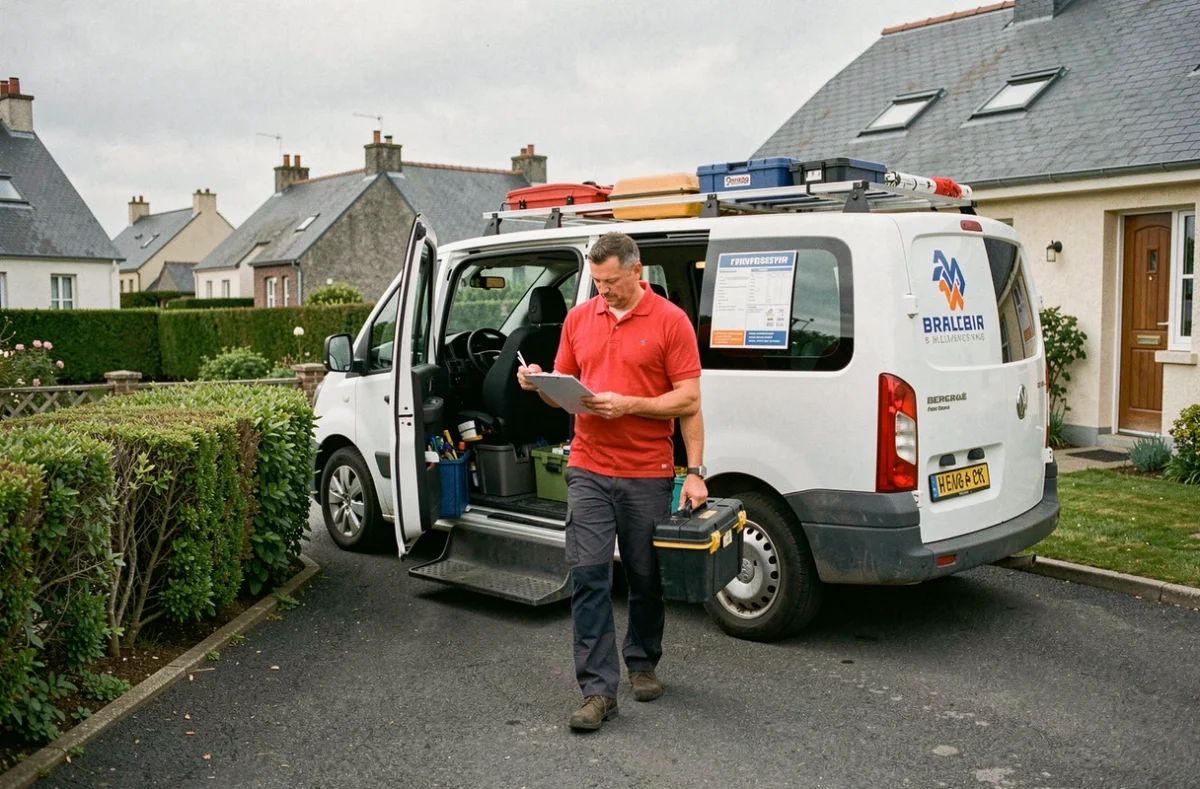 Technicien de Yv'Dépannages et Services arrivant chez un client avec son van équipé dans une ville du Finistère