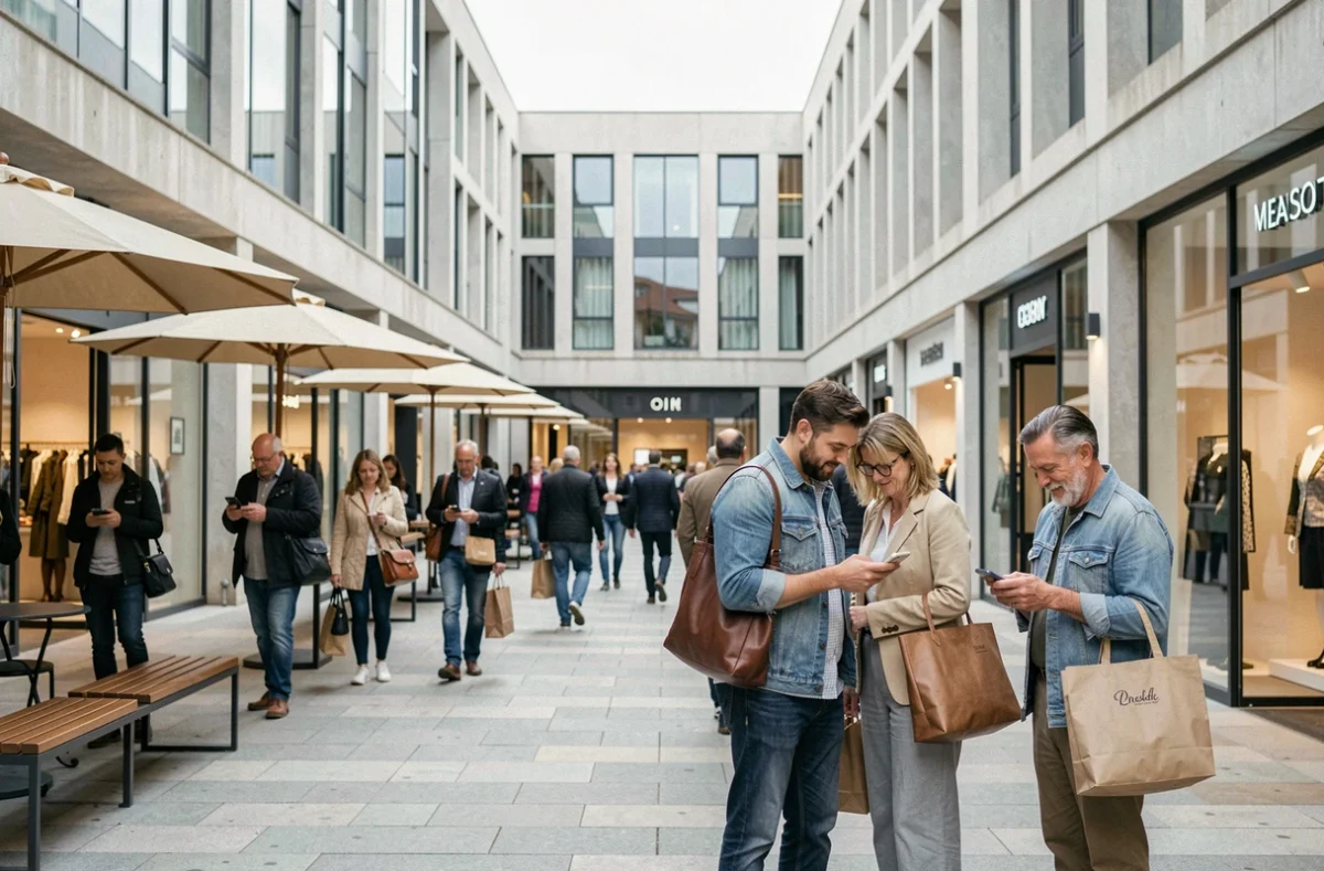 Zone commerciale moderne dans le nord de Montpellier avec piétons et commerces contemporains